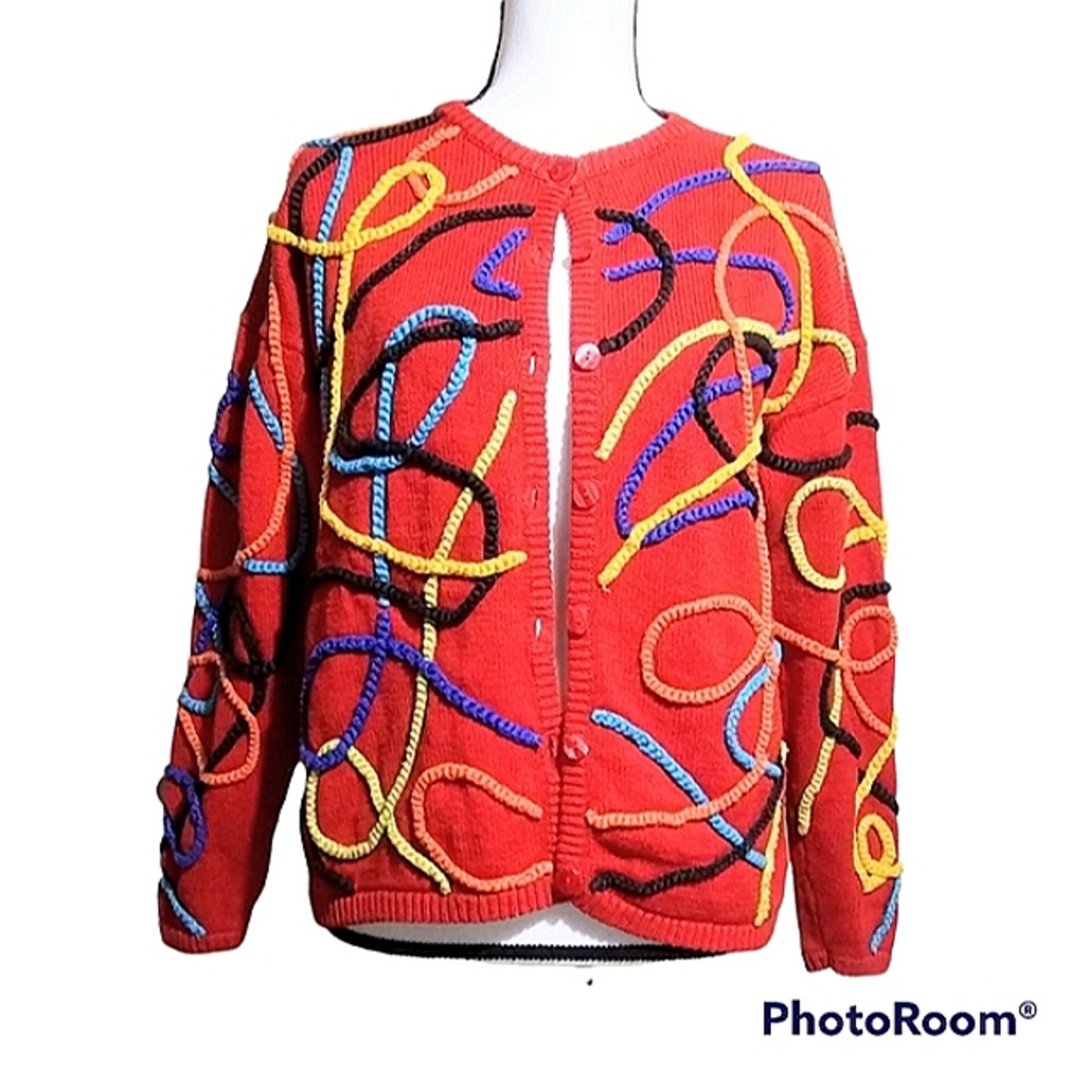 VINTAGE KITTY HAWK BY VIVIAN WANG COLORFUL KNIT CARDIGAN SZ M COMFY BOLD